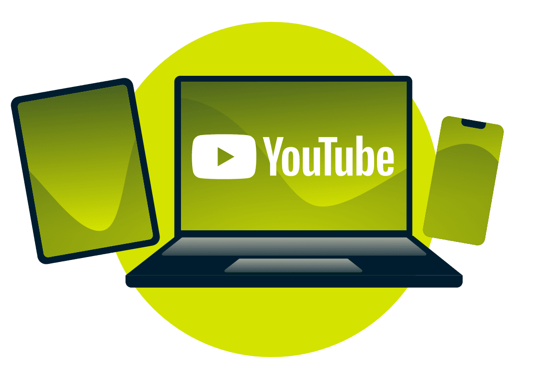 En b&aelig;rbar PC, et nettbrett og en telefon med YouTube-logoen.