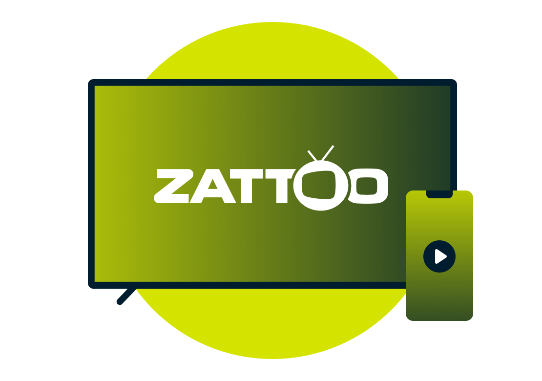 Zattoo 로고가 새겨진 노트북과 휴대폰입니다.